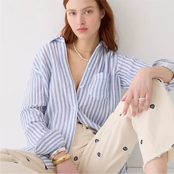 J.CREW Classic Fit Soft Gauze Shirt In Blue Stripe Size 0 - Picture 2 of 8